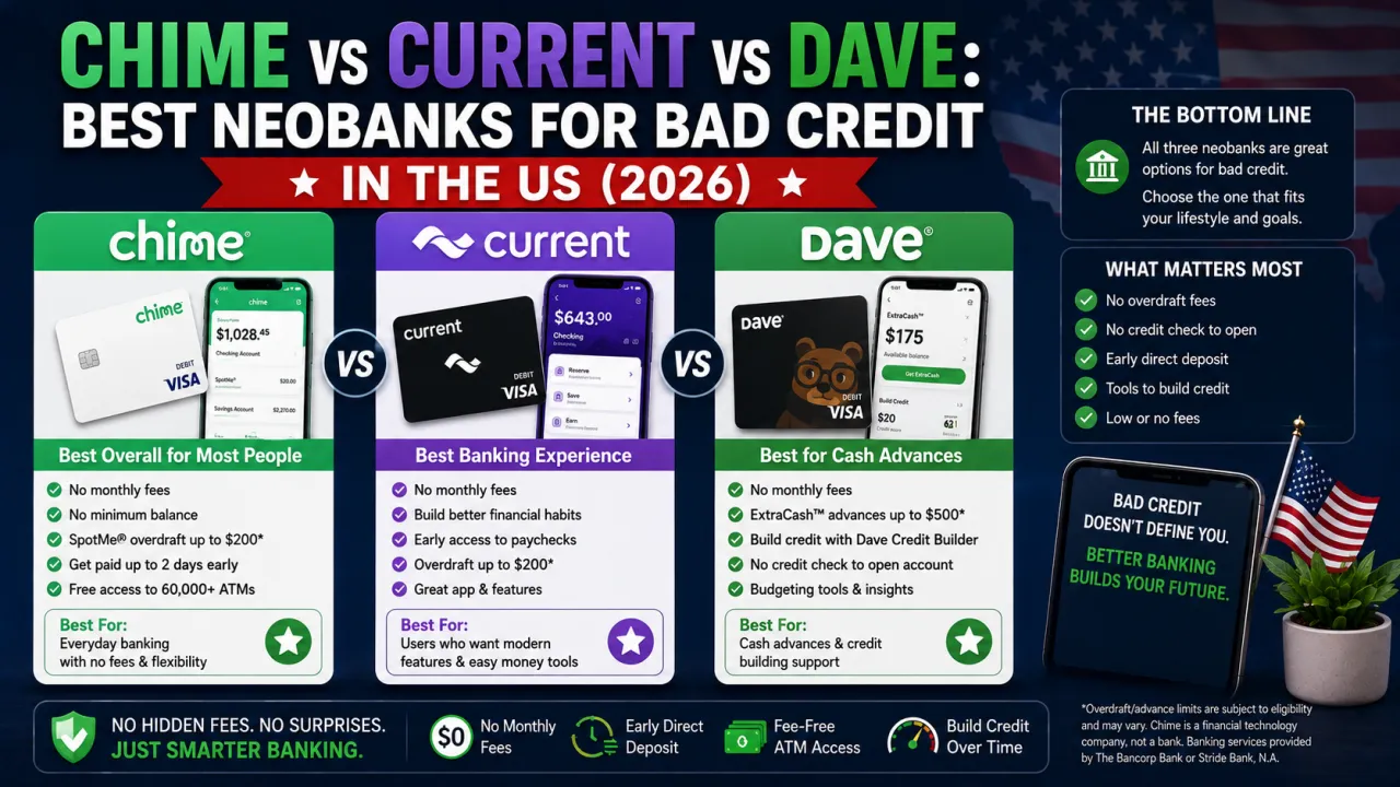 Chime vs Current vs Dave: Best Neobanks for Bad Credit in the US (2026)